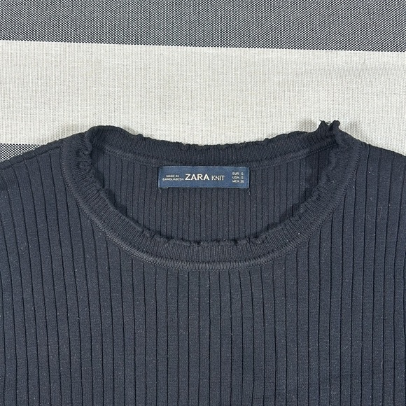 ZARA Womens Black Ribbed Knit Crop Top Long Sleeve Lettuce Hem Stretch S - Picture 9 of 10